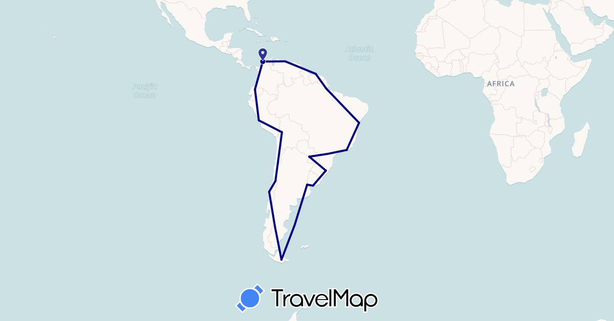 TravelMap itinerary: driving in Argentina, Bolivia, Brazil, Chile, Colombia, Ecuador, Peru, Paraguay, Suriname, Uruguay, Venezuela (South America)